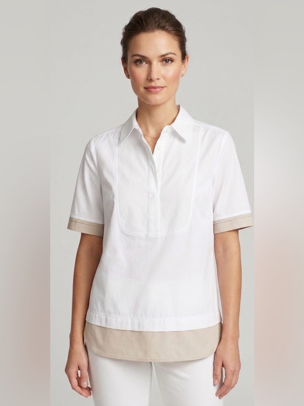 Tory Burch White Cotton Poplin Short‎ Sleeve Shirt with Beige Contrast Hem Cuff